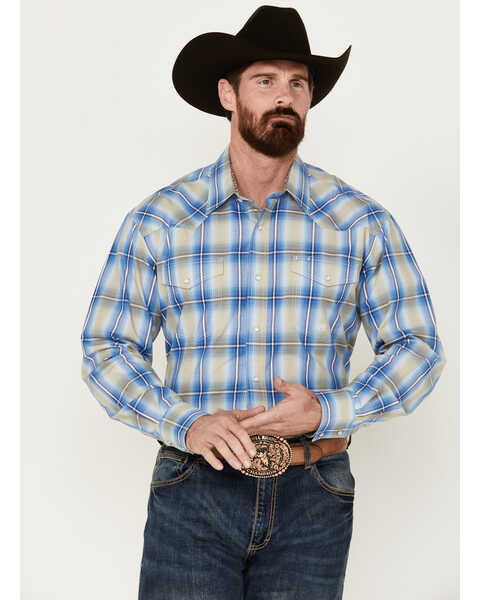 Roper Men's Amarillo Large Plaid Print Long Sleeve Pearl Snap Western Shirt, Blue, hi-res