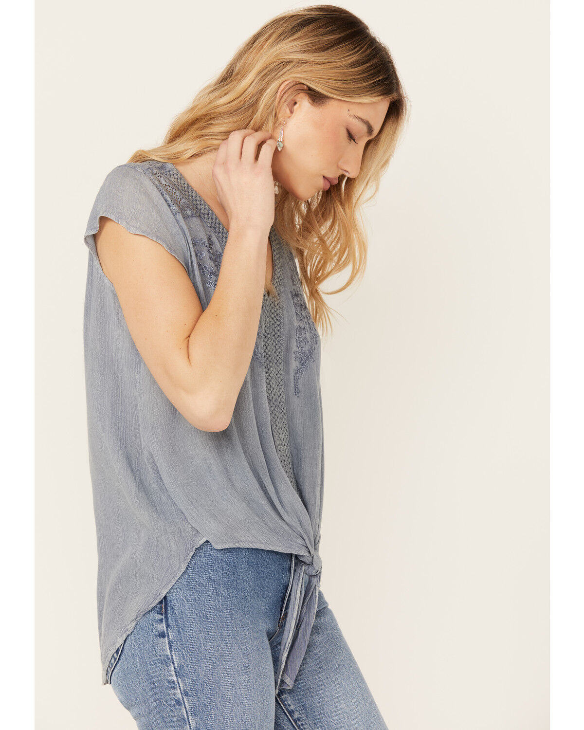 Image #2 - Nostalgia Women's Cap Sleeve Embroidered Tie Front Top, Light Blue, hi-res