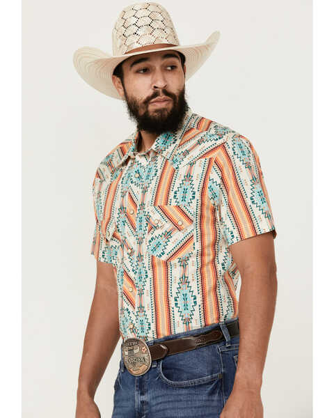 Image #2 - Rock & Roll Denim Men's Southwestern Print Long Sleeve Pearl Snap Stretch Western Shirt , Cream, hi-res
