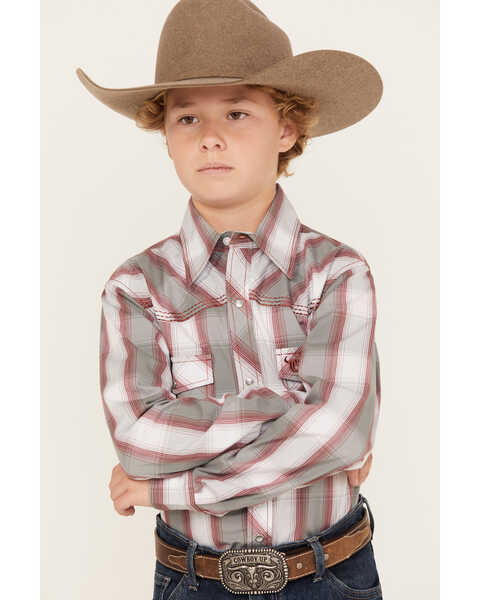 Cowboy Hardware Boys' Hombre Plaid Print Long Sleeve Pearl Snap Western Shirt , Burgundy, hi-res