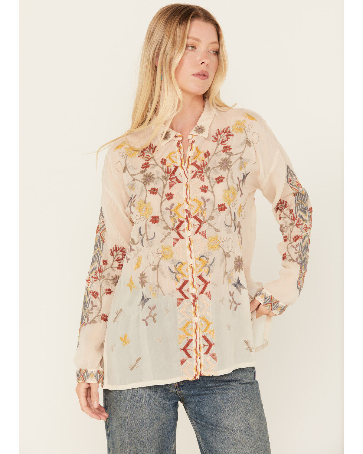 Image #1 - Johnny Was Women's Long Sleeve Floral Embroidered Blouse, Ivory, hi-res