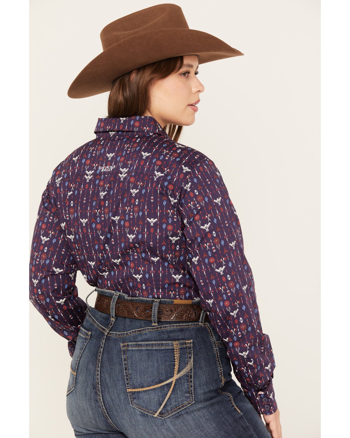 Image #4 - Ariat Women's Southwestern Print Long Sleeve Kirby Stretch Button Down Shirt - Plus, Navy, hi-res
