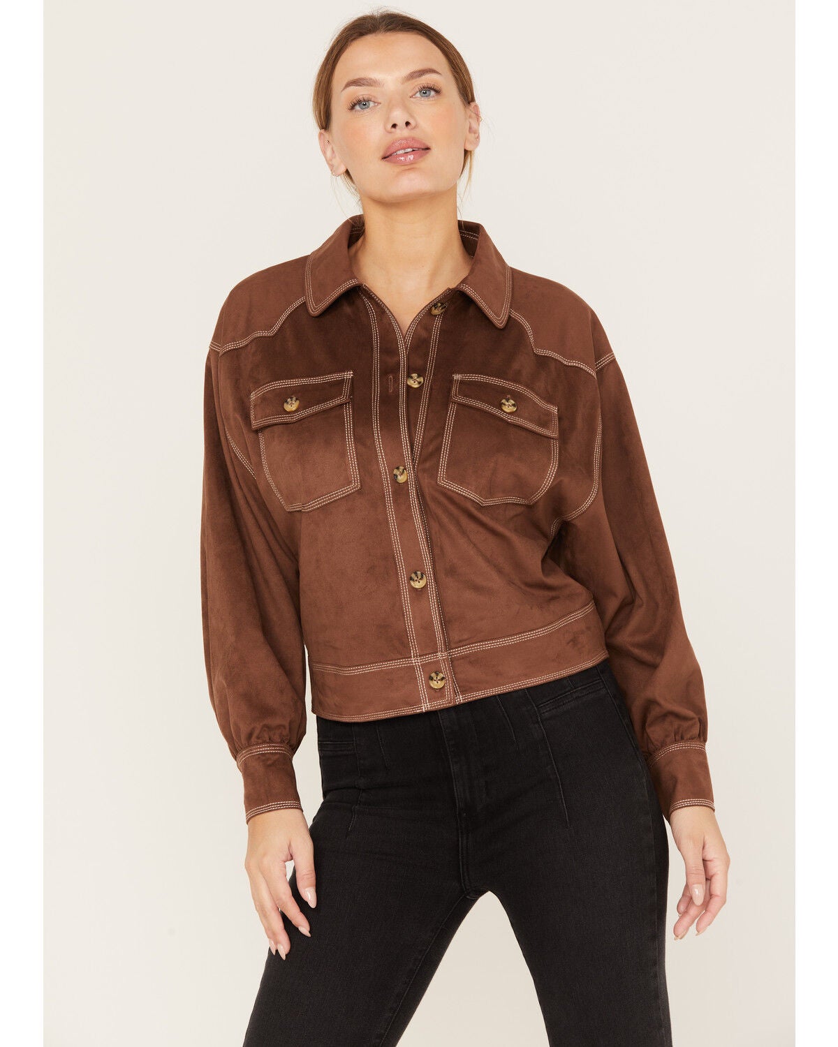 Shyanne Women's Faux Suede Trucker Jacket, Dark Brown, hi-res