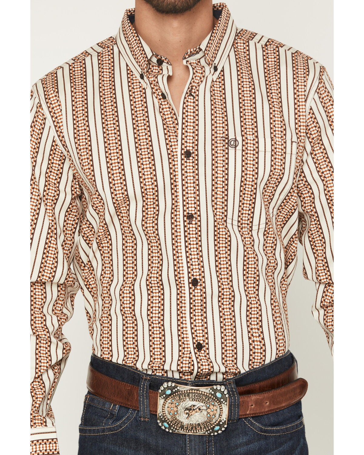 Image #3 - Cody James Men's Waylon Geo Stripe Print Long Sleeve Button-Down Stretch Western Shirt, Tan, hi-res