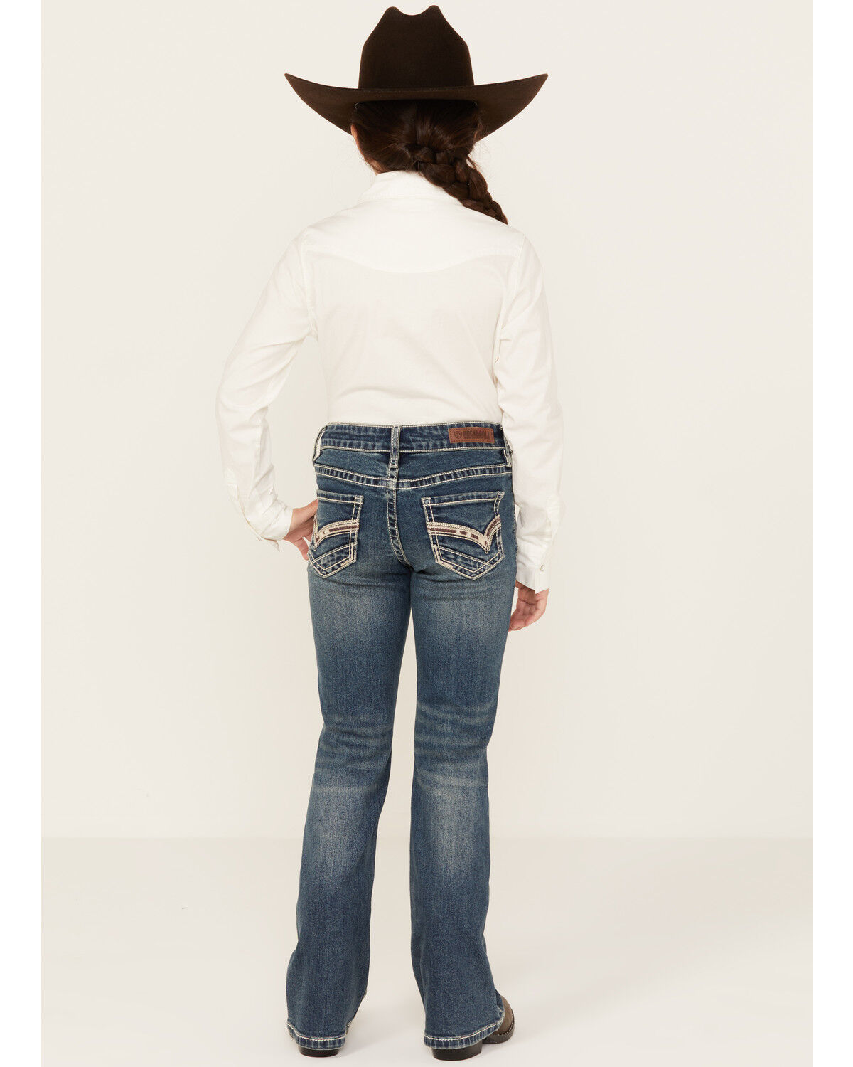 Image #3 - Rock & Roll Denim Girls' Medium Wash Cow Pocket Stretch Bootcut Jeans, Medium Wash, hi-res