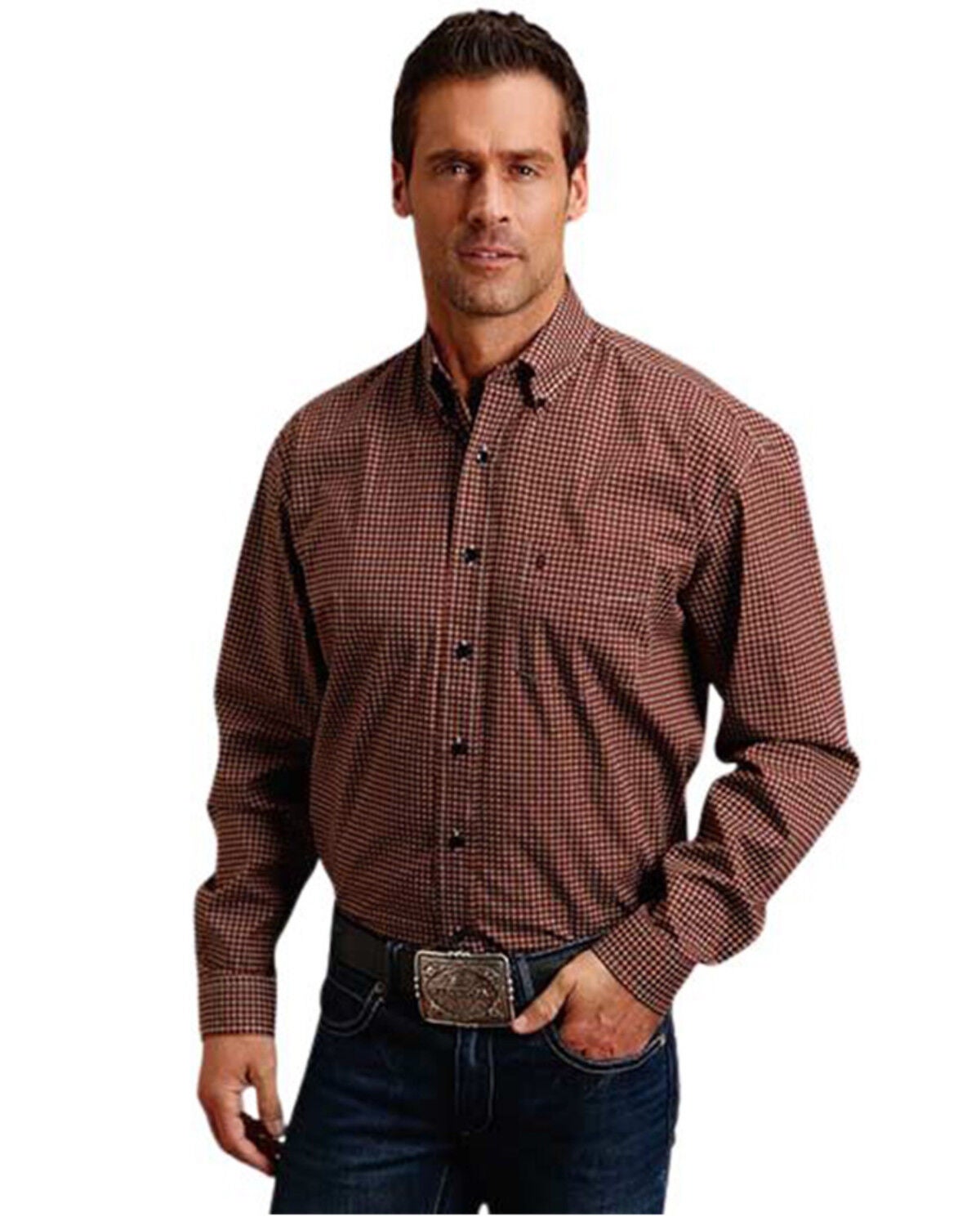 Image #1 - Stetson Men's Dobby Plaid Print Long Sleeve Button-Down Western Shirt, Wine, hi-res