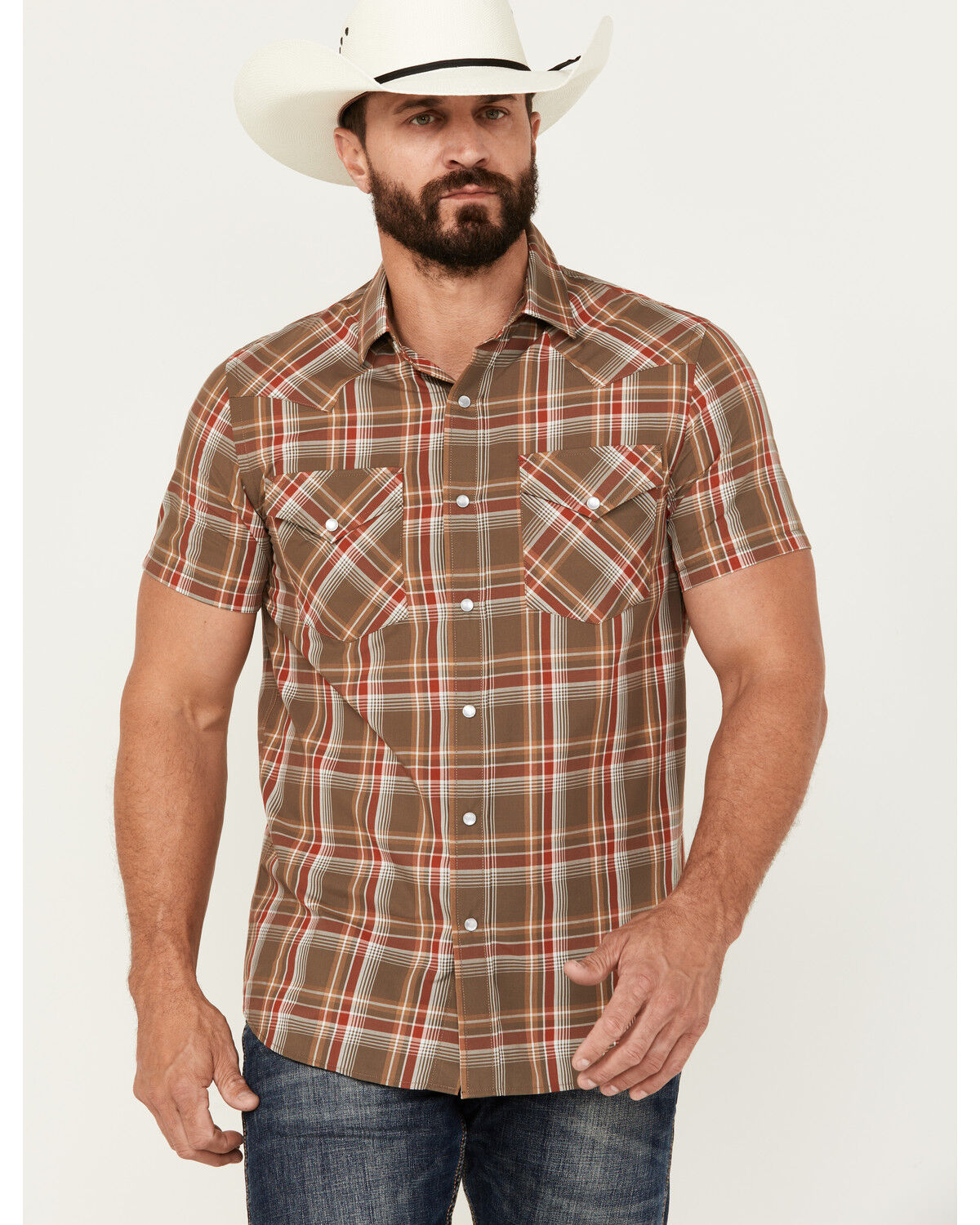 Image #1 - Pendleton Men's Frontier Plaid Print Short Sleeve Pearl Snap Western Shirt, Brown, hi-res