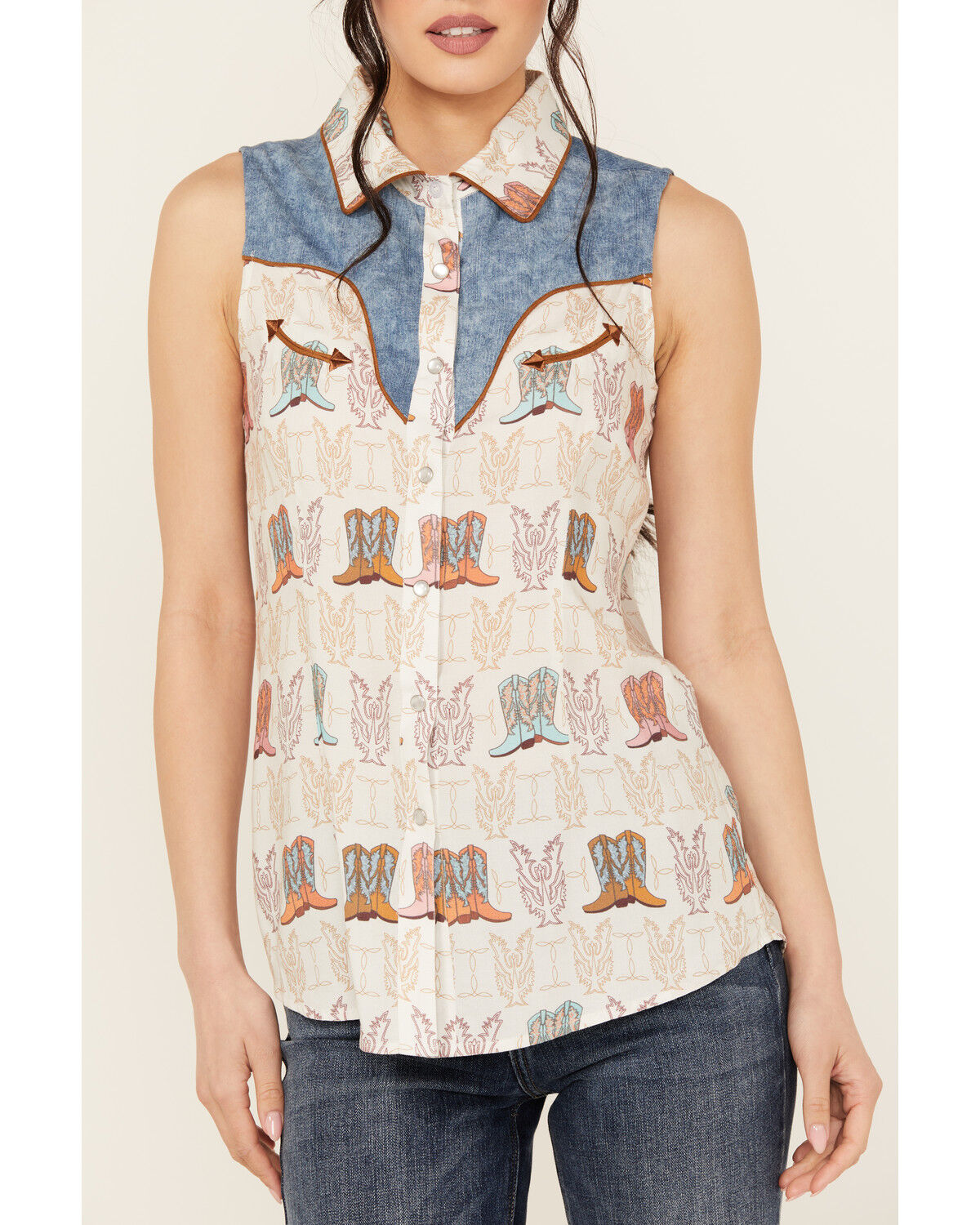 Image #3 - Panhandle Women's Boot Print Sleeveless Pearl Snap Western Shirt, Cream, hi-res