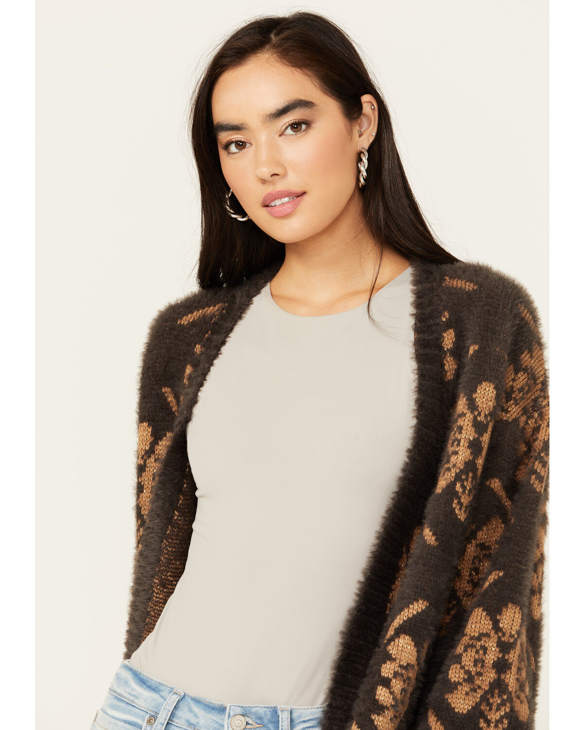 Image #2 - Room 34 Women's Floral Print Jacquard Cardigan, Charcoal, hi-res