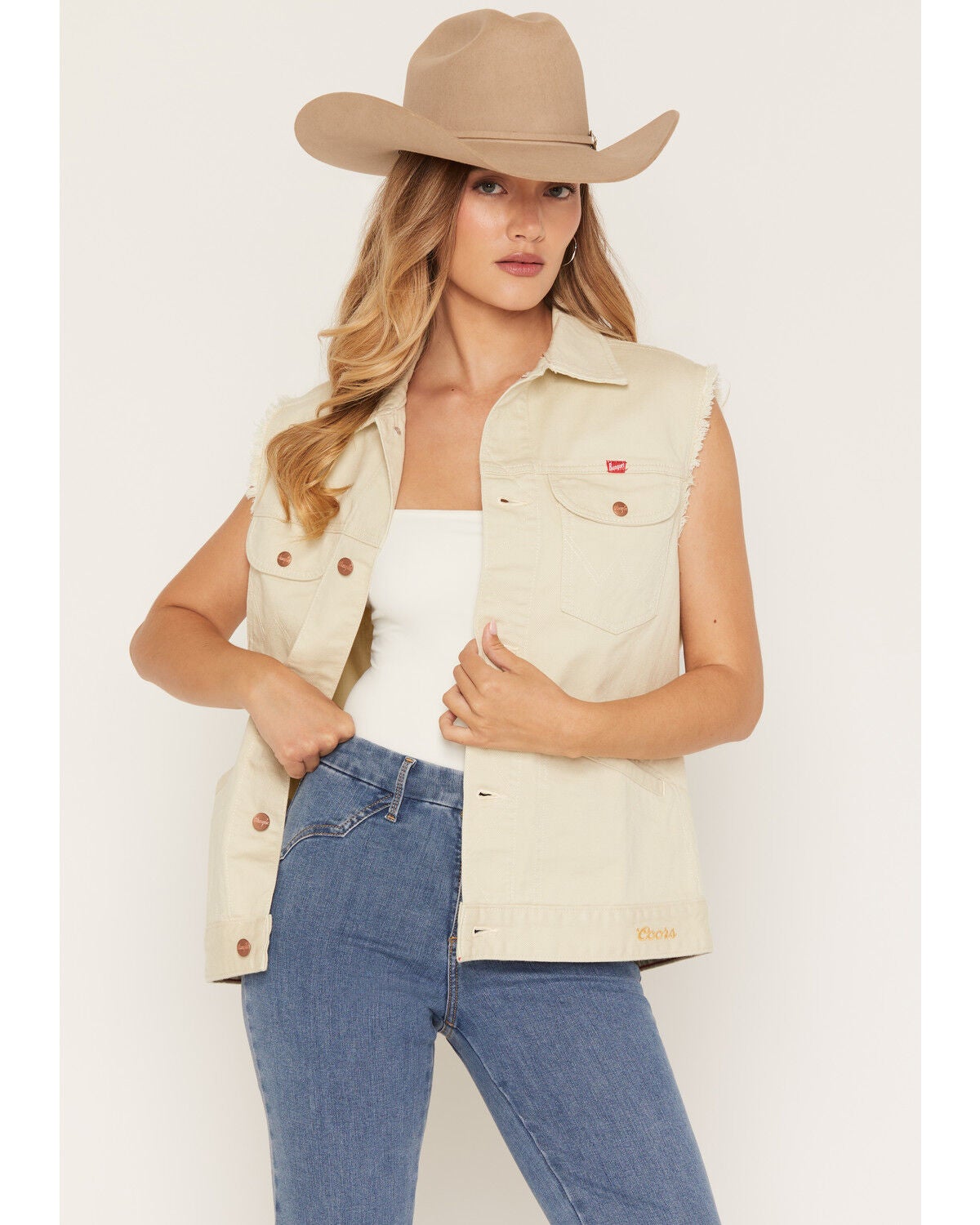 Image #2 - Wrangler X Coors Banquet Women's Embroidered Denim Vest, Ivory, hi-res