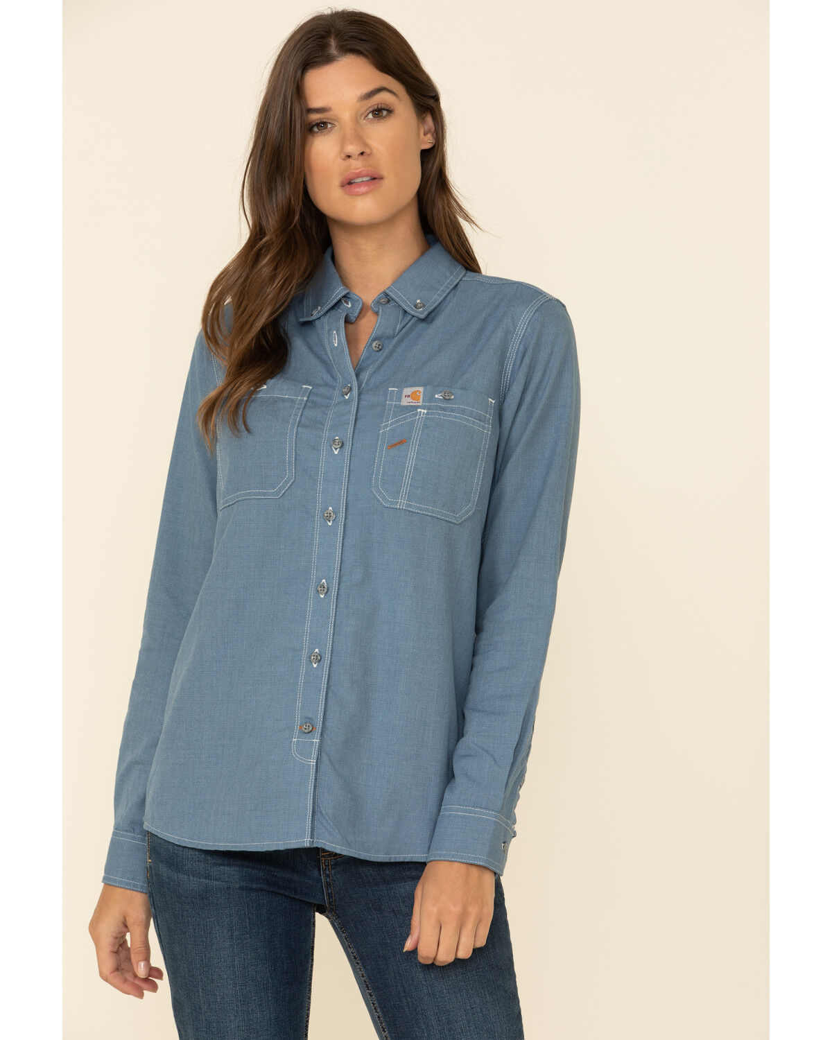 Image #1 - Carhartt Women's FR Force Lightweight Button Front Long Sleeve Shirt, Steel Blue, hi-res