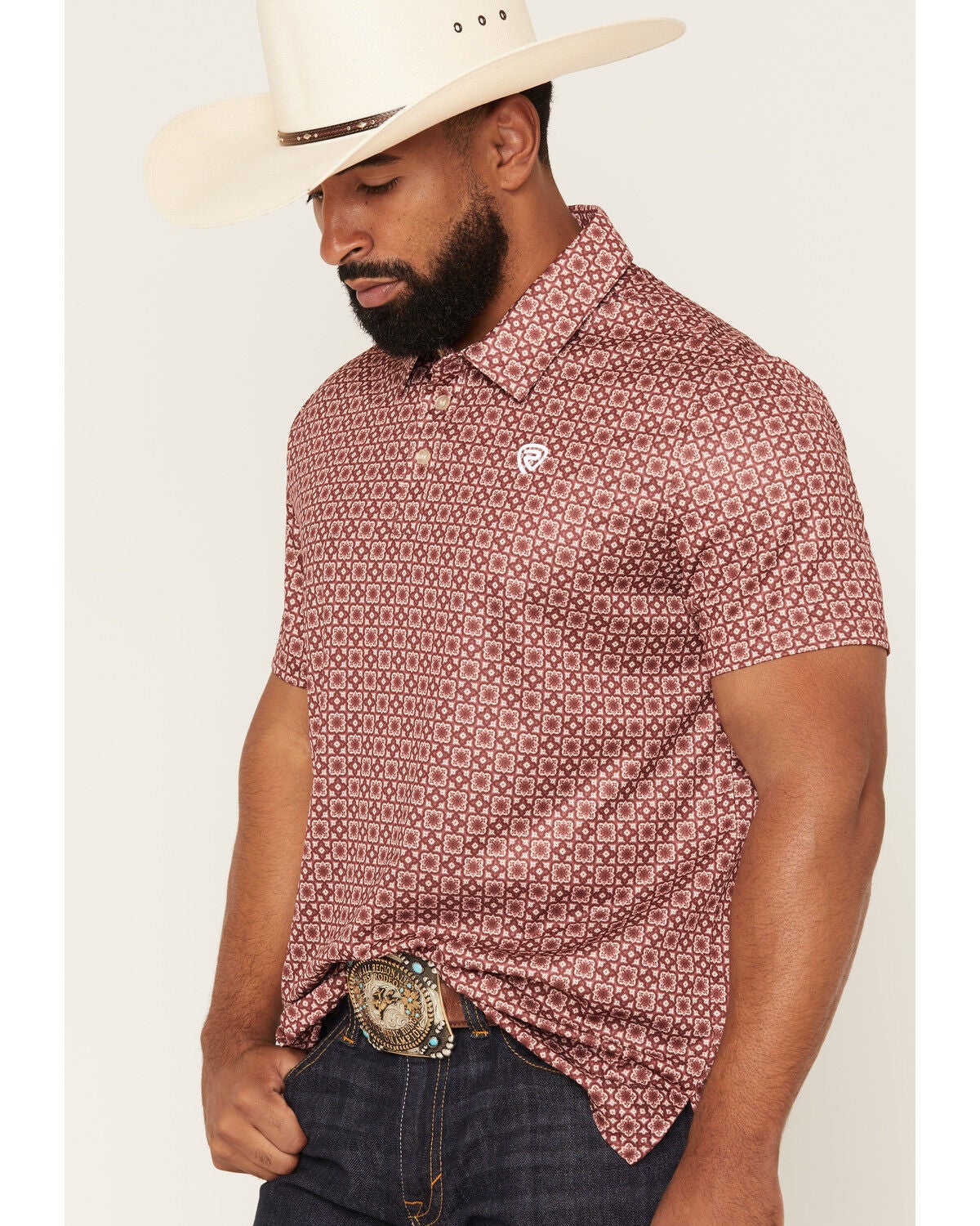 Image #2 - Rock & Roll Denim Men's Medallion Print Short Sleeve Button-Down Polo, Red, hi-res