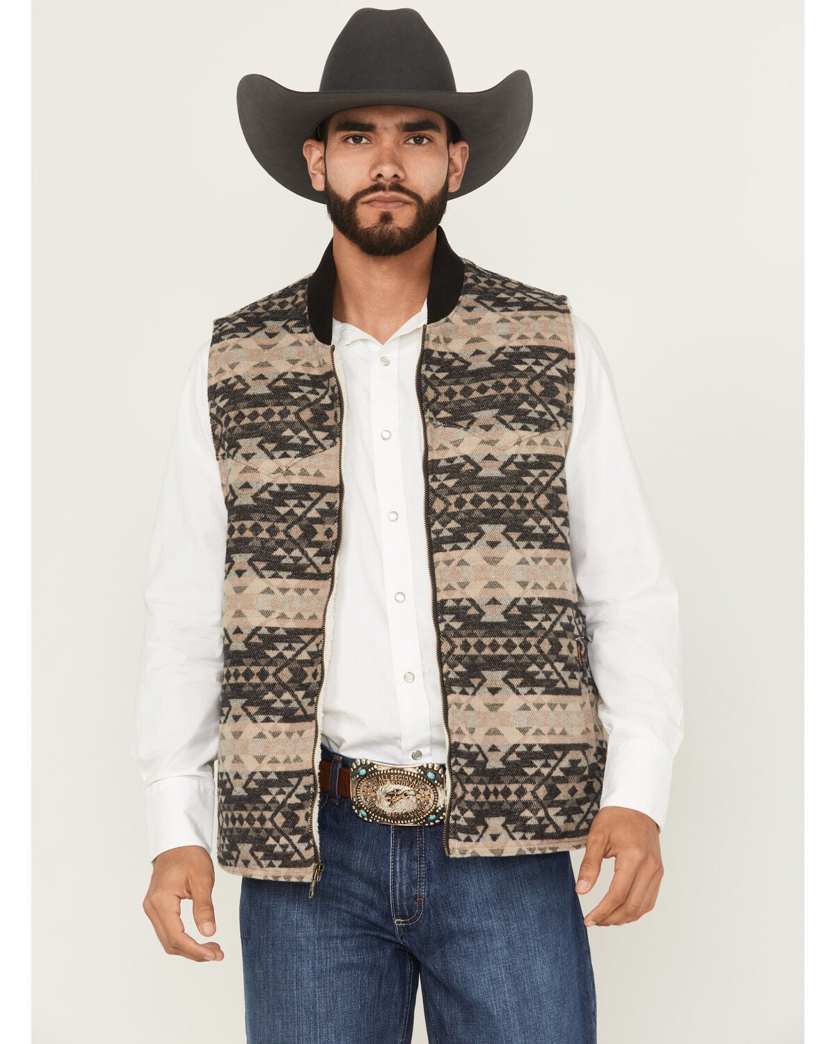 Wrangler Men's Southwestern Print Sherpa Lined Zip Vest, Tan, hi-res