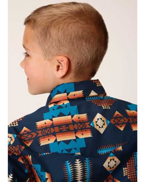Image #2 - Roper Boys' Vintage Style Vertical Southwestern Print Long Sleeve Snap Western Shirt , Blue, hi-res