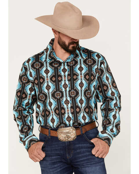 Image #1 - Rock & Roll Denim Men's Southwestern Print Stretch Long Sleeve Button Down Shirt, Teal, hi-res