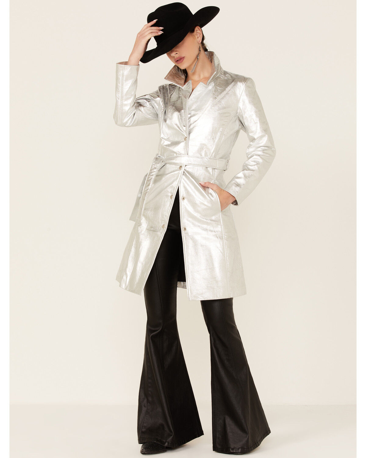 Image #2 - Understated Leather Women's Silver Metallic Moondust Trench Coat, Silver, hi-res