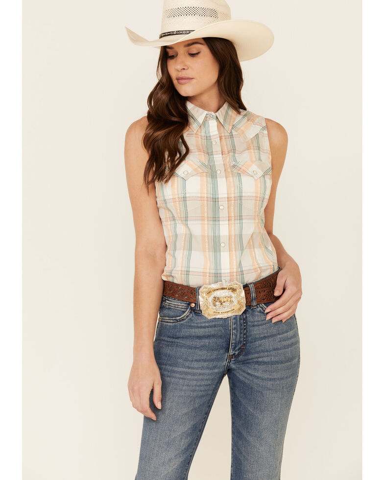 Wrangler Women's Peach Plaid Snap Sleeveless Western Core Shirt , Peach, hi-res