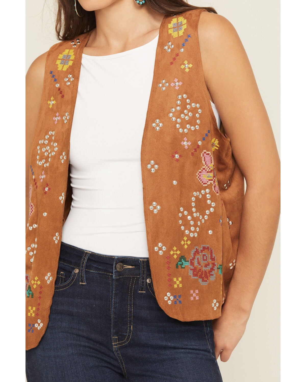 Image #3 - Fornia Women's Floral Embroidered Studded Faux Suede Vest, Camel, hi-res