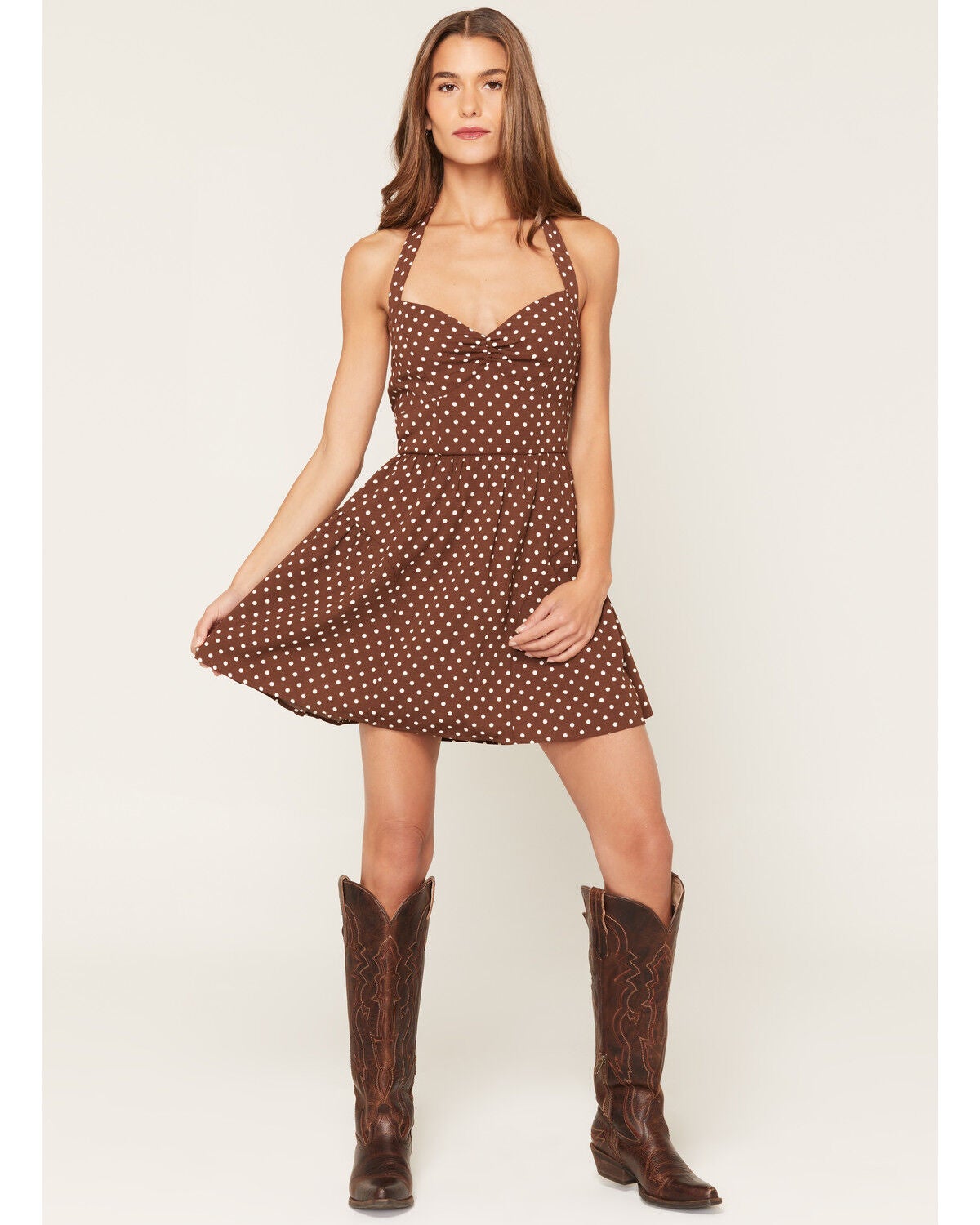 Ash & Violet Women's Polka Dot Halter Mini Dress, Brown, hi-res