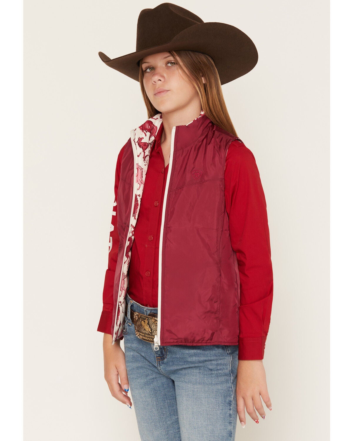 Image #4 - Ariat Girls' Bella Reversible Horse Print Vest, Multi, hi-res