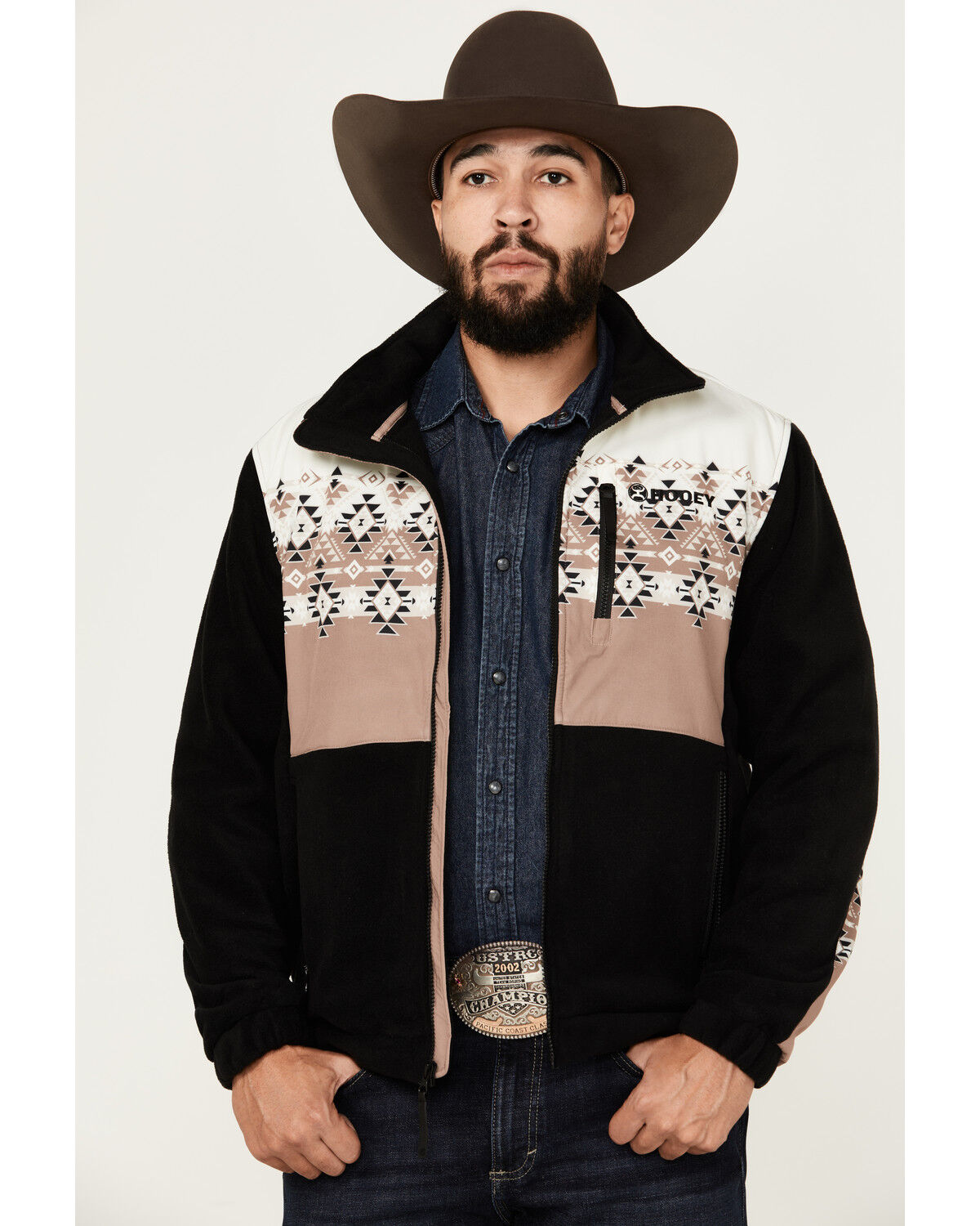 Image #1 - Hooey Men's Southwestern Print Tech Fleece Jacket, Black, hi-res
