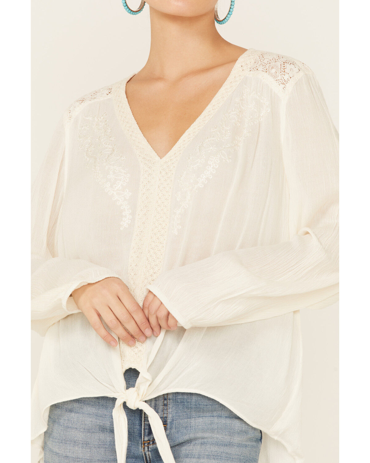 Image #2 - Nostalgia Women's Solid Cream Lace Tie-Front Long Sleeve Top, Cream, hi-res