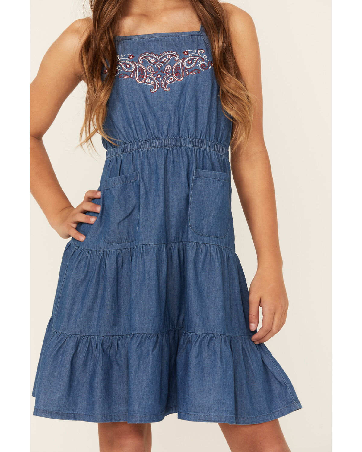 Image #3 - Shyanne Girls' Pinedale Paisley Embroidered Sleeveless Denim Ruffle Mini Dress, Medium Wash, hi-res