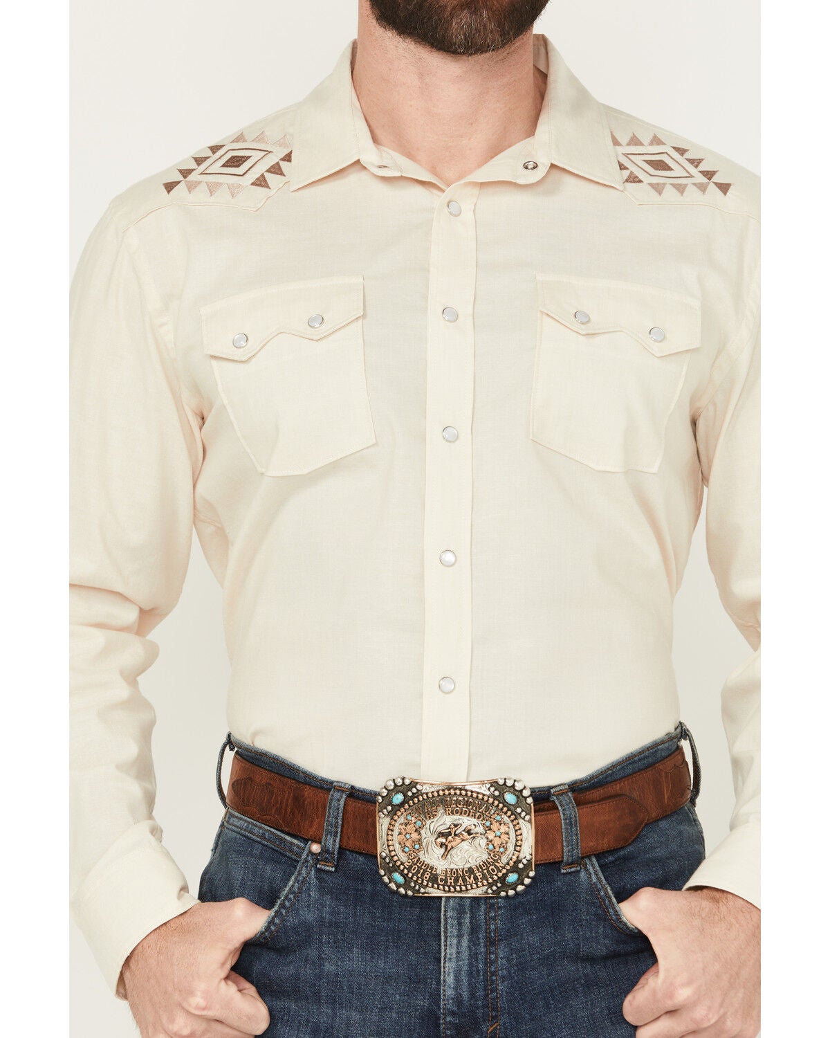 Image #3 - Panhandle Men's Solid Embroidered Long Sleeve Snap Western Shirt, Natural, hi-res