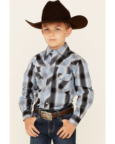 Cowboy Hardware Boys' Slate & Blue Plaid Long Sleeve Snap Western Shirt , Blue, hi-res