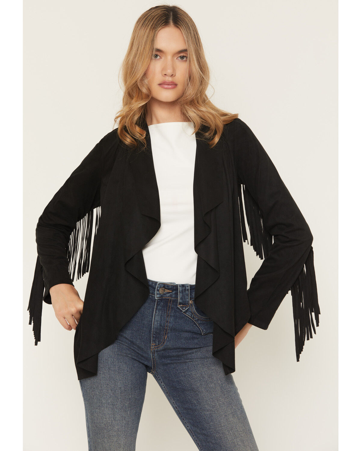 Image #1 - Shyanne Women's Cascade Front Fringe Faux Suede Fringe Jacket, Black, hi-res