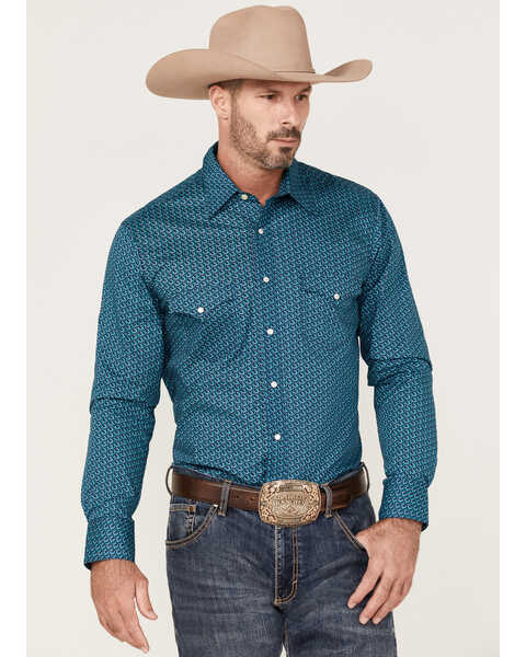 Rock & Roll Denim Men's All-Over Horseshoe Print Long Sleeve Snap Western Shirt , Turquoise, hi-res