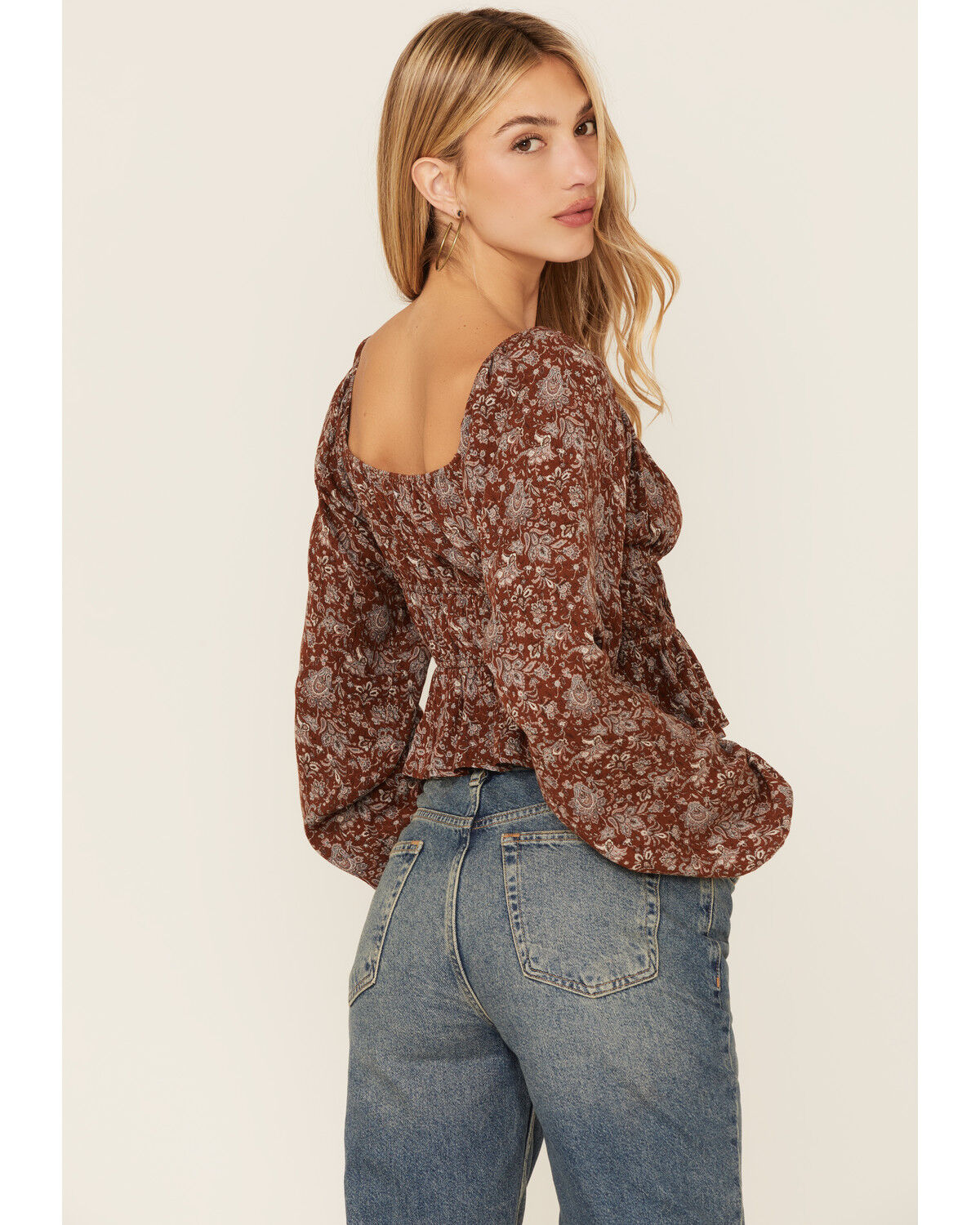 Image #3 - Wild Moss Long Sleeve Tie Front Ranched Floral Top, Tan, hi-res