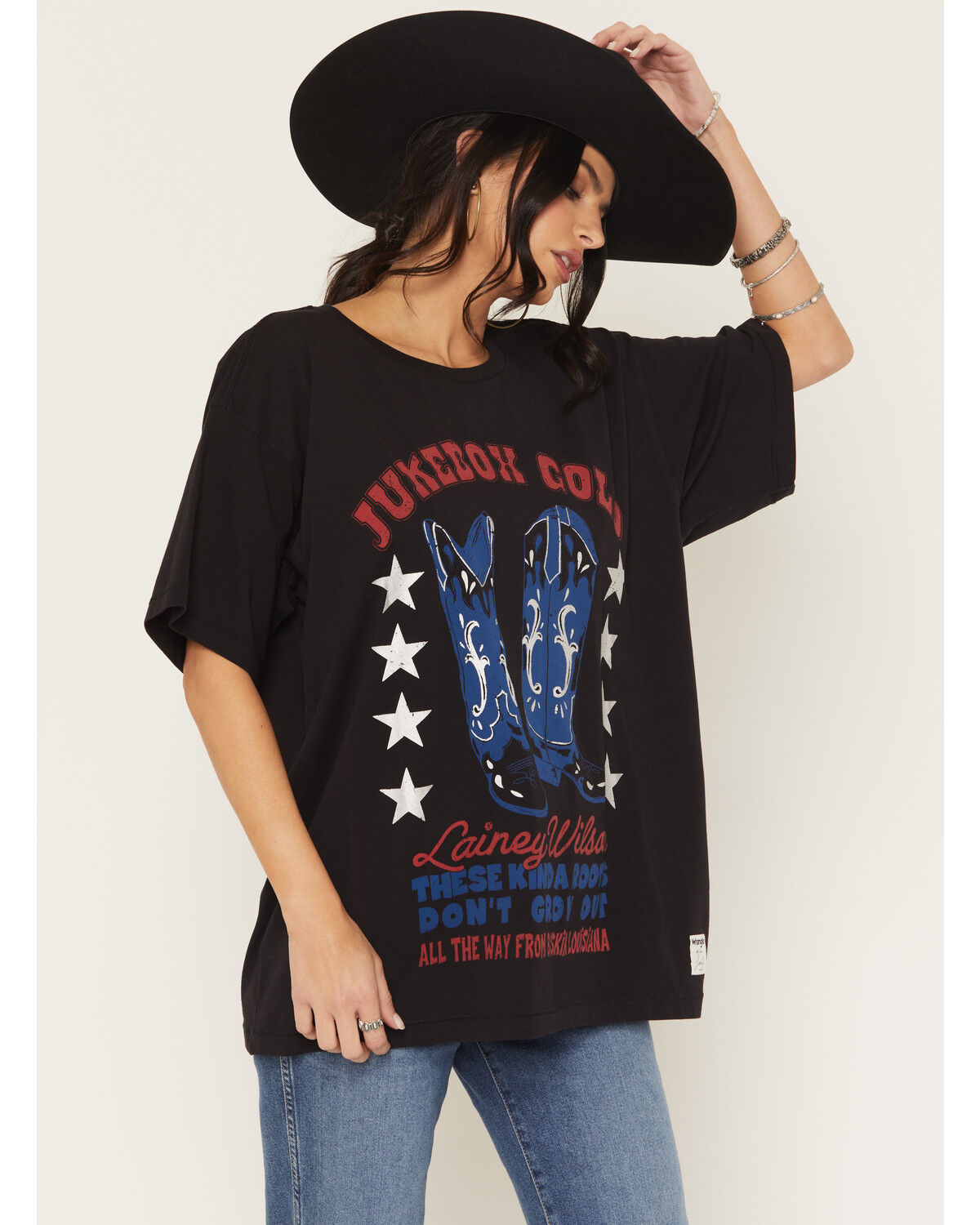 Image #1 - Wrangler X Lainey Wilson Women's Jukebox Gold Short Sleeve Oversized Graphic Tee, Black, hi-res