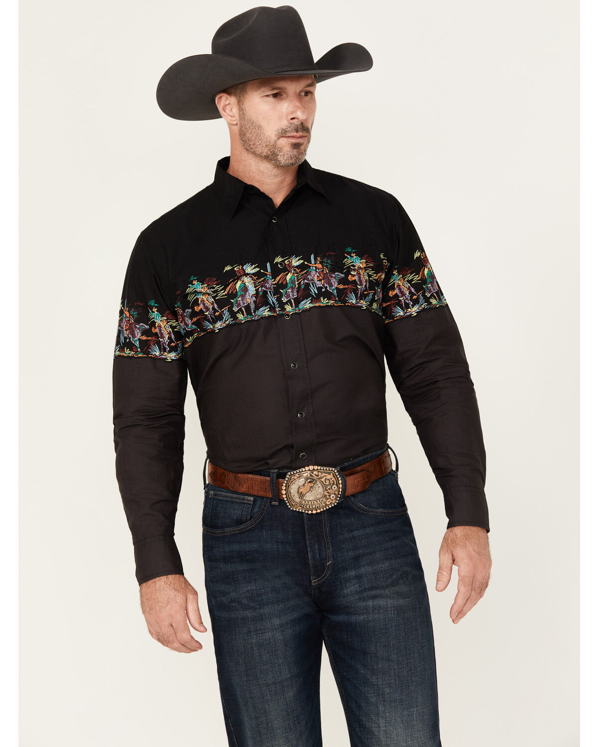 Image #1 - Roper Men's Vintage Horse Border Print Long Sleeve Snap Western Shirt, Black, hi-res