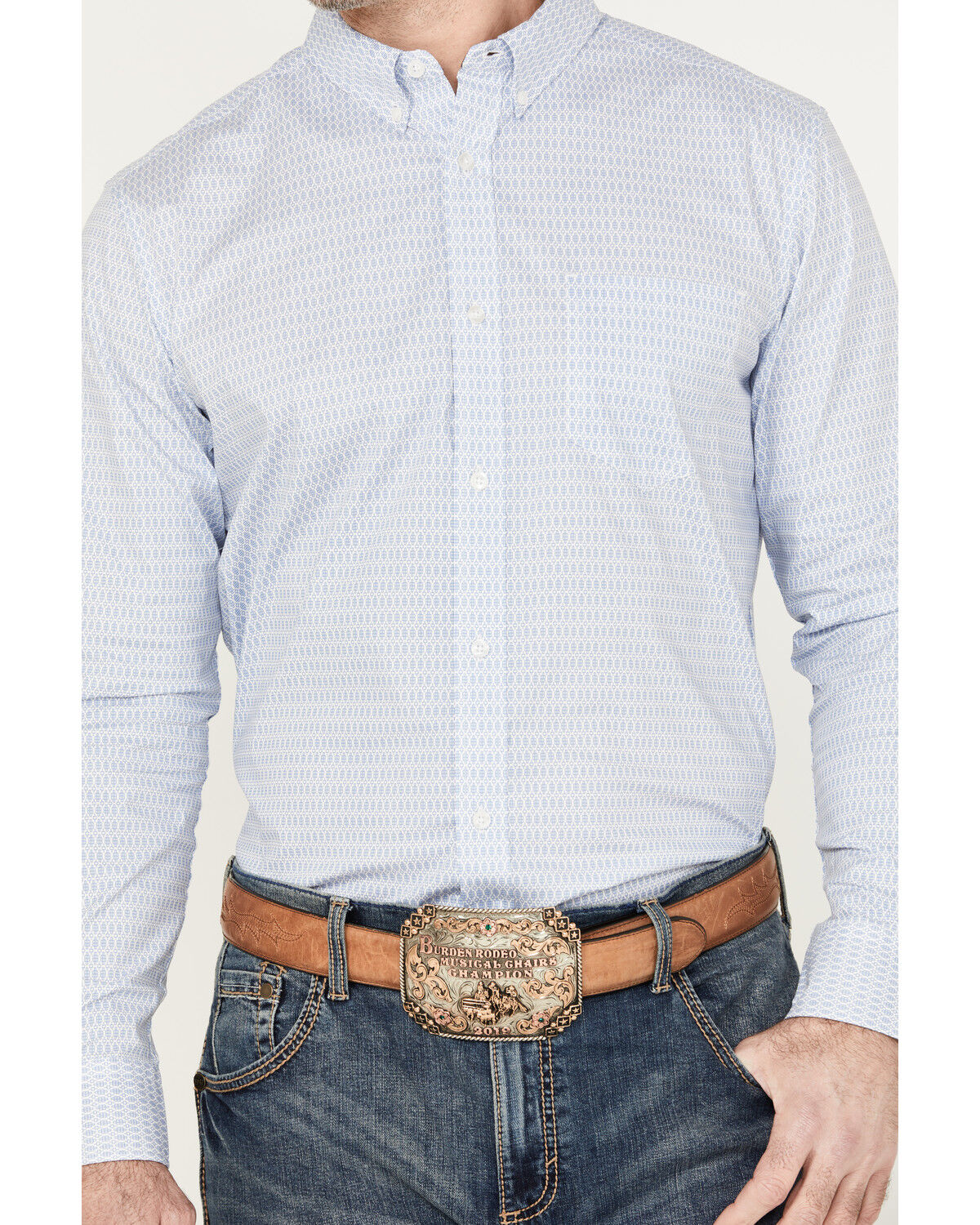 Image #3 - Cody James Men's Fish Net Geo Print Long Sleeve Button-Down Western Shirt, Light Blue, hi-res