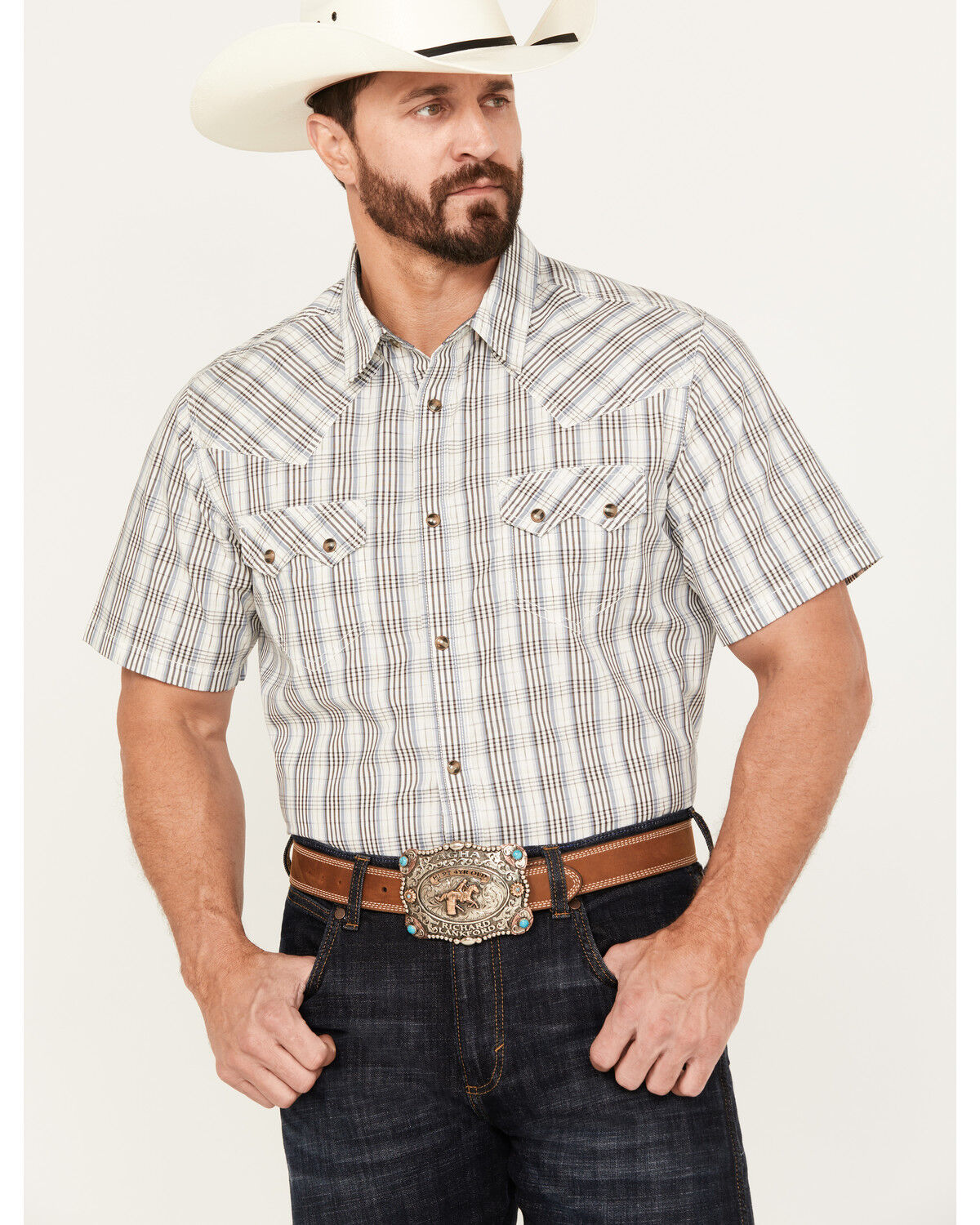 Image #1 - Cody James Men's Briar Patch Plaid Print Short Sleeve Snap Western Shirt, White, hi-res