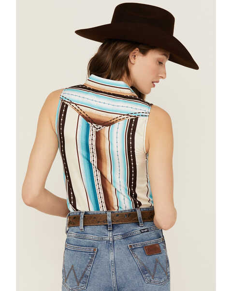 Image #4 - Cowgirl Hardware Women's Serape Striped Sleeveless Snap Western Shirt , Turquoise, hi-res
