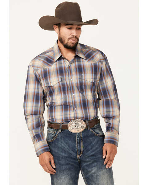 Roper Men's Amarillo Plaid Print Long Sleeve Pearl Snap Western Shirt, Navy, hi-res