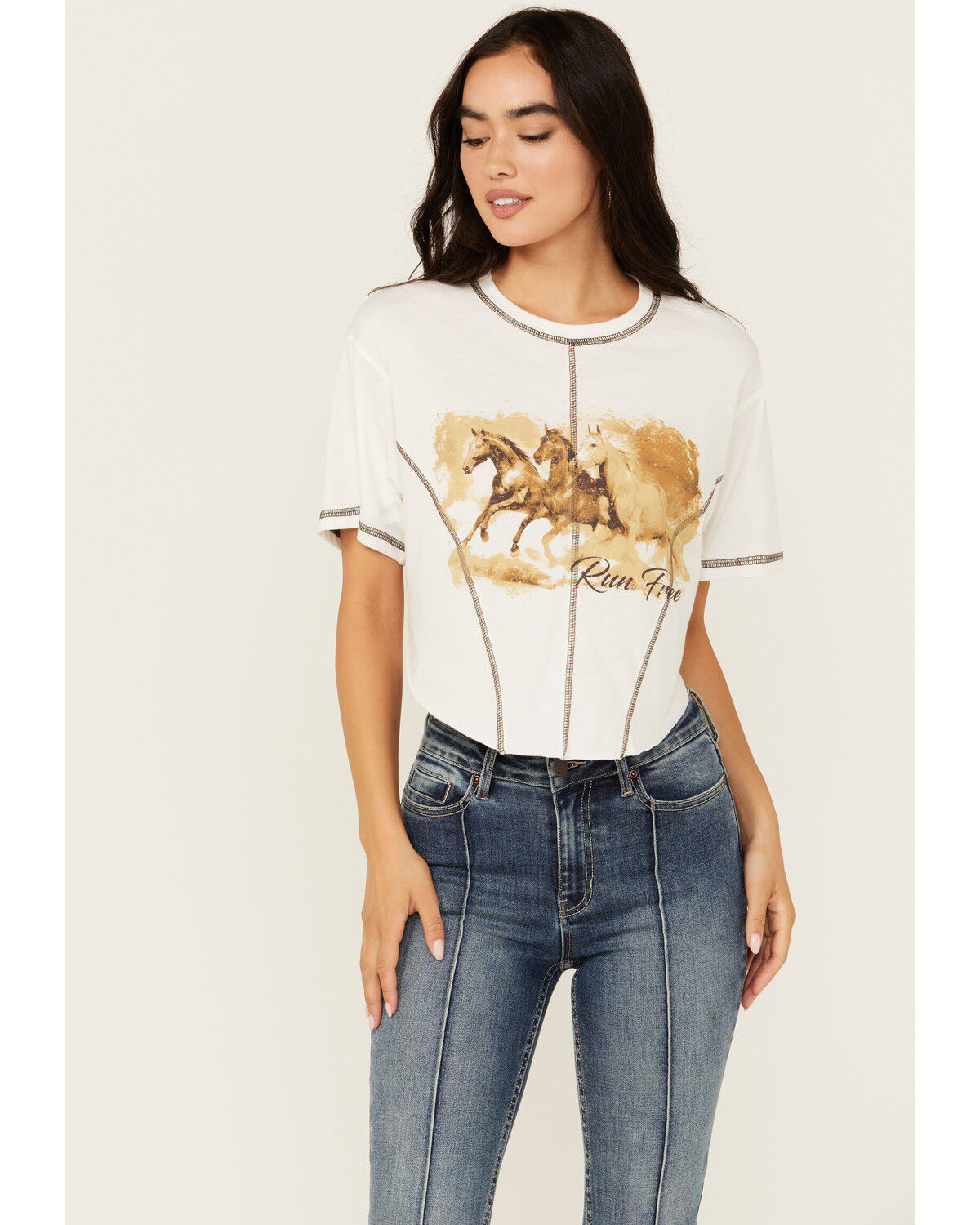 Image #1 - Youth in Revolt Women's Running Horse Seamed Cropped Graphic Tee, Ivory, hi-res