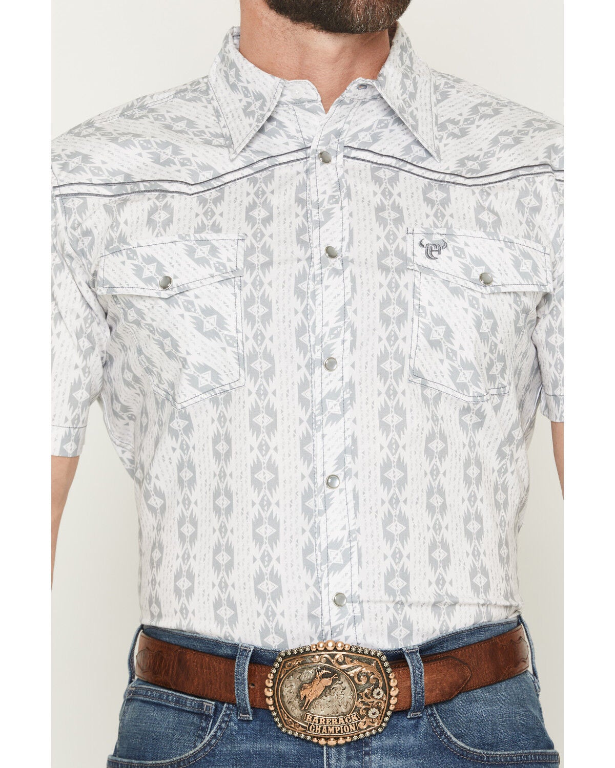 Image #3 - Cowboy Hardware Men's Southwestern Print Short Sleeve Pearl Snap Stretch Western Shirt, White, hi-res