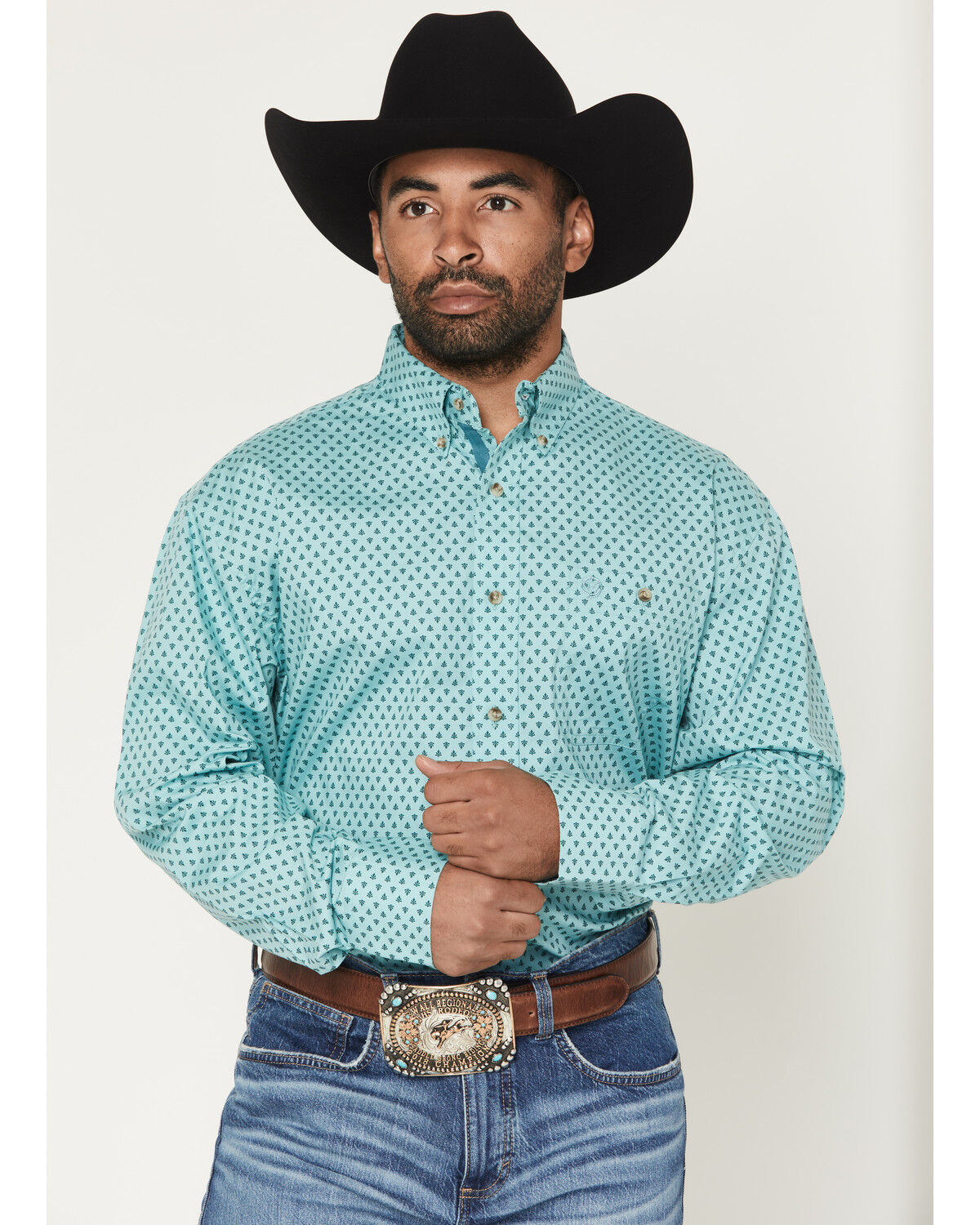 Image #1 - George Strait by Wrangler Men's Geo Print Long Sleeve Button-Down Stretch Western Shirt, Aqua, hi-res