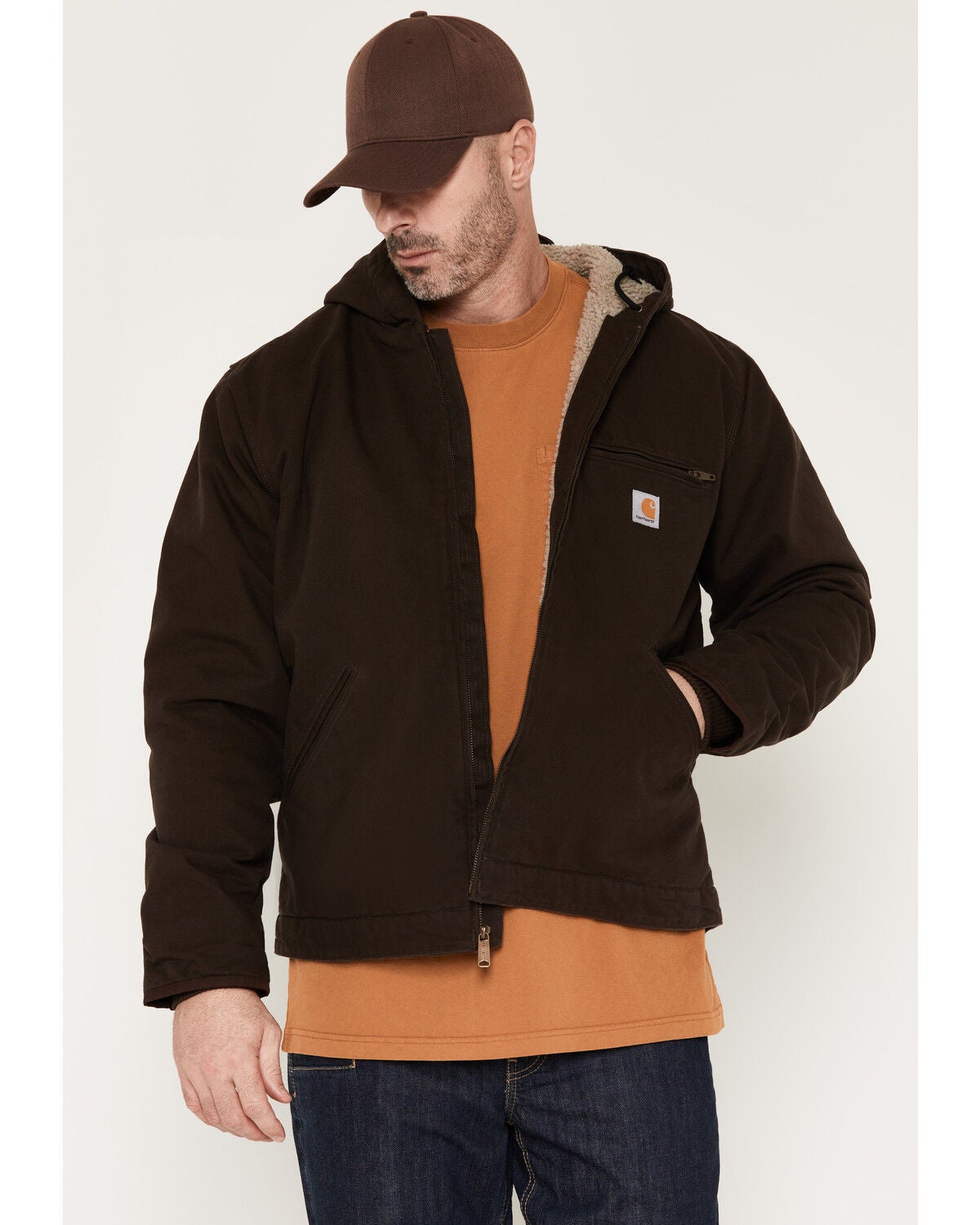 Carhartt Men's Washed Duck Sherpa Lined Hooded Work Jacket, Brown, hi-res