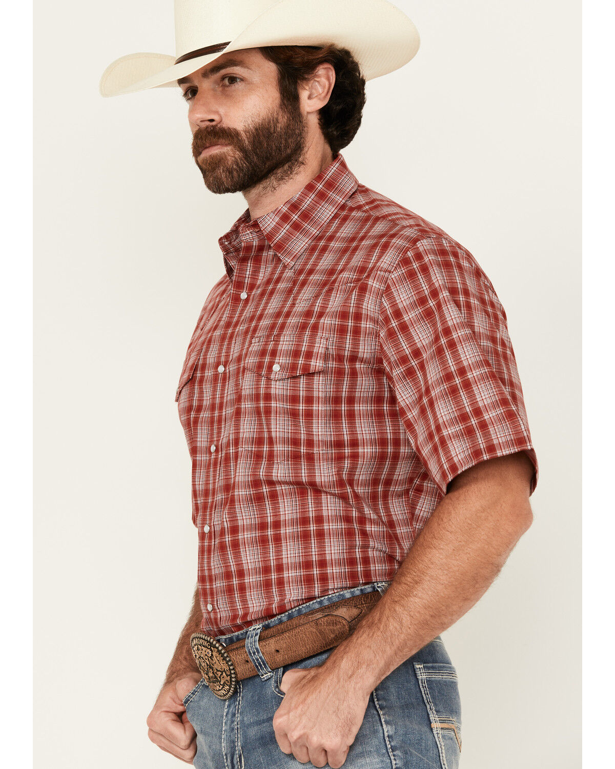 Image #2 - Wrangler Men's Plaid Print Short Sleeve Snap Stretch Western Shirt, Red, hi-res