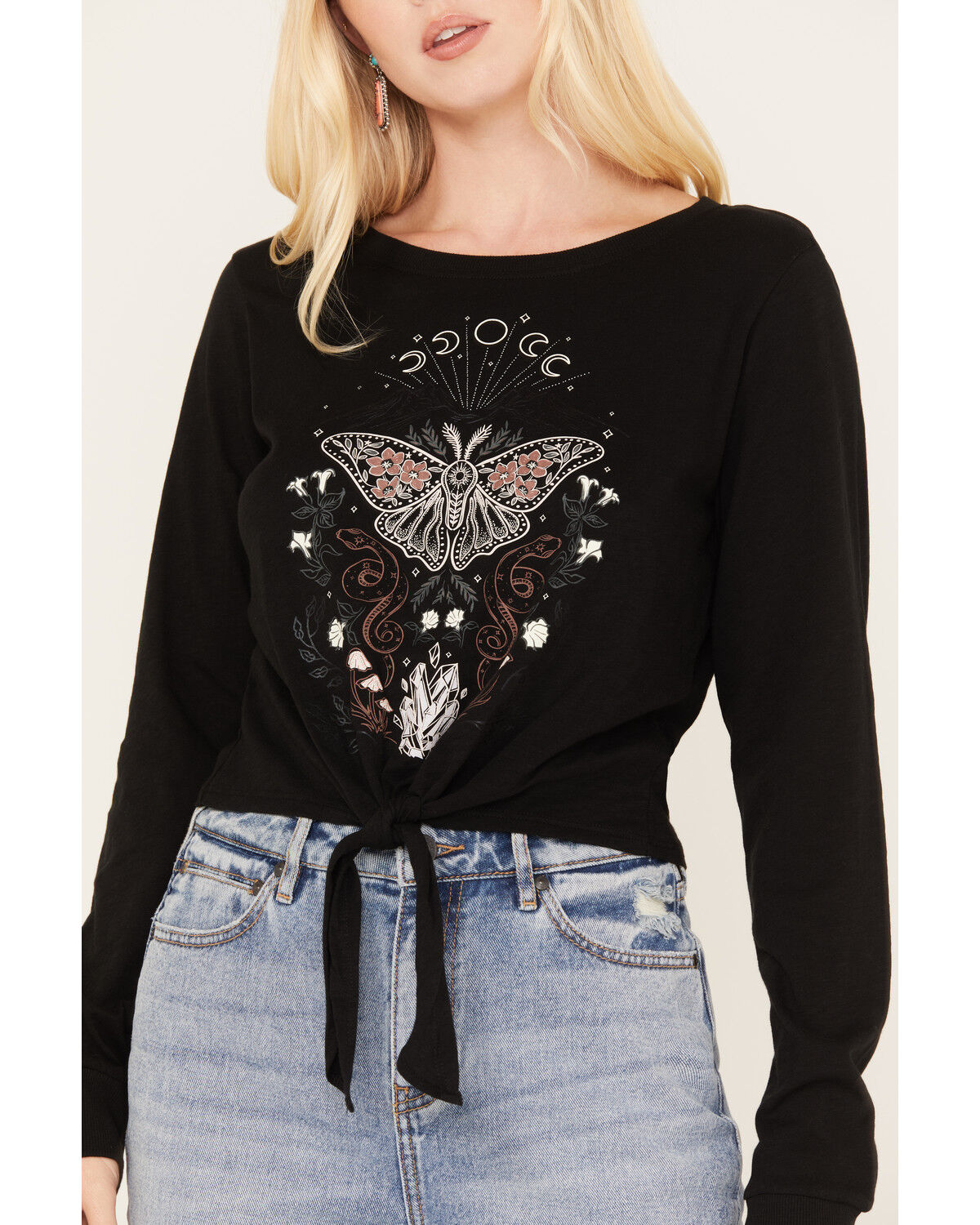Image #3 - Shyanne Women's Tie-Front Butterfly Graphic Long Sleeve Tee, Black, hi-res
