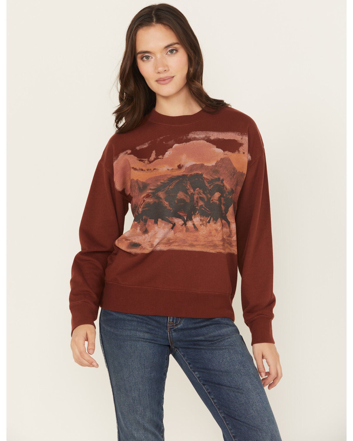 Shyanne Women's Running Horses Loose Fit Graphic Sweatshirt, Mahogany, hi-res