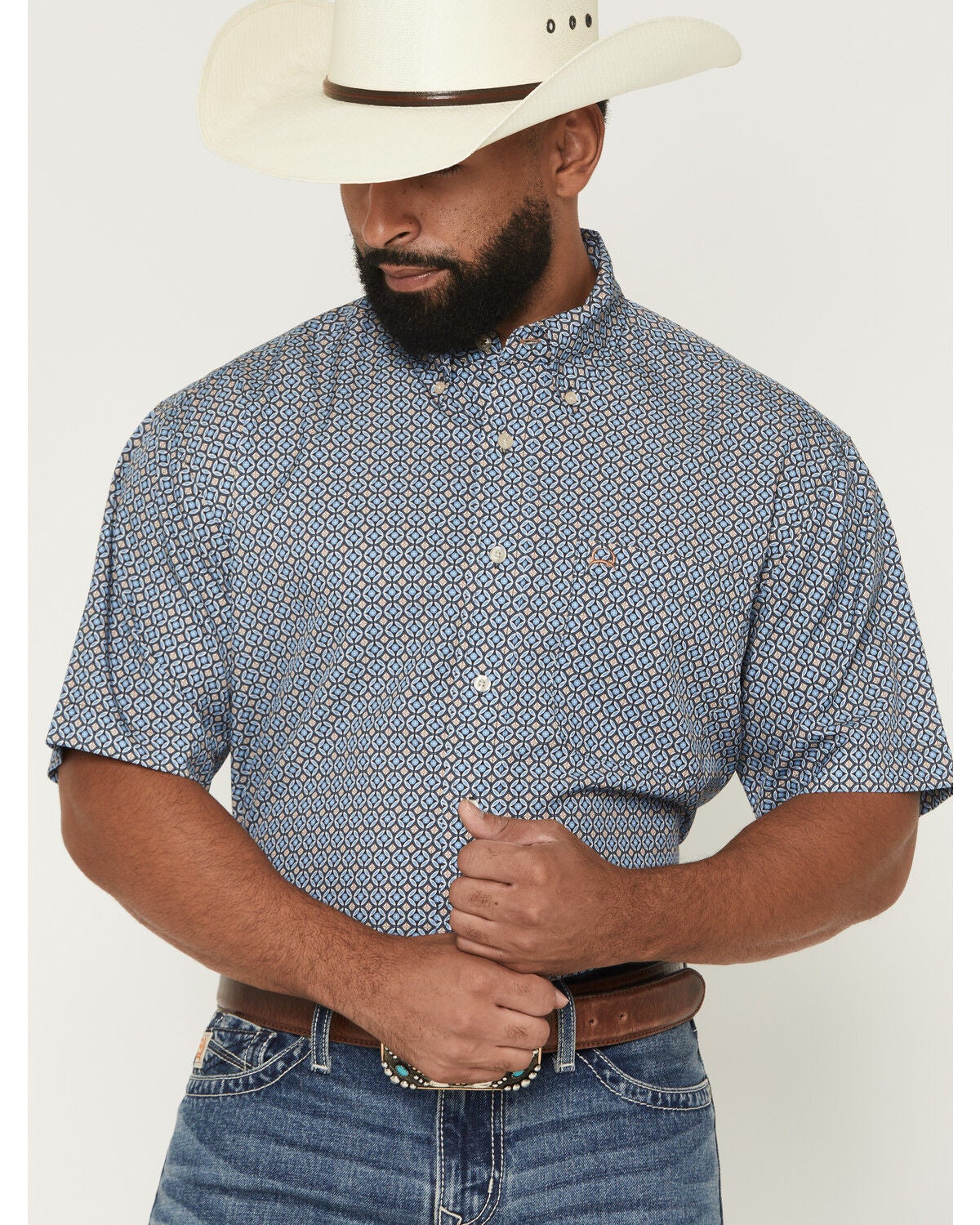 Cinch Men's AF Geo Print Short Sleeve Button-Down Stretch Western Shirt, Blue, hi-res