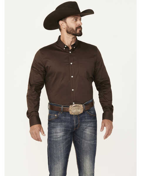 Image #1 - Cody James Men's Basic Twill Long Sleeve Button-Down Performance Western Shirt, Dark Brown, hi-res