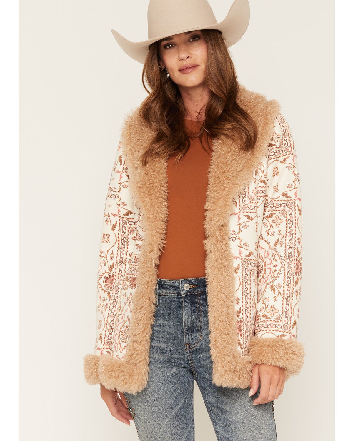 Shyanne Women's Tinsey Tapestry Print Faux Suede Coat, Natural, hi-res