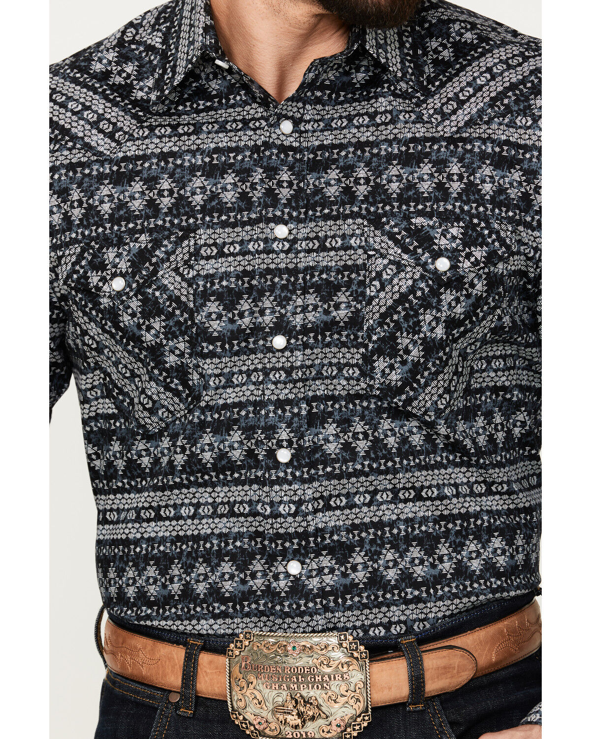 Image #3 - Rough Stock by Panhandle Men's Southwestern Stretch Long Sleeve Western Pearl Snap Shirt, Black, hi-res