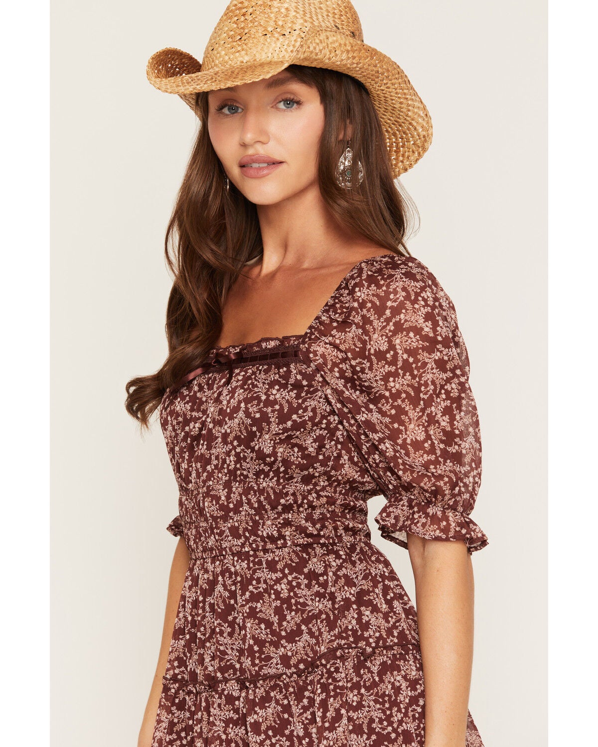 Image #2 - Trixxi Women's Floral Print Short Sleeve Mini Dress, Burgundy, hi-res